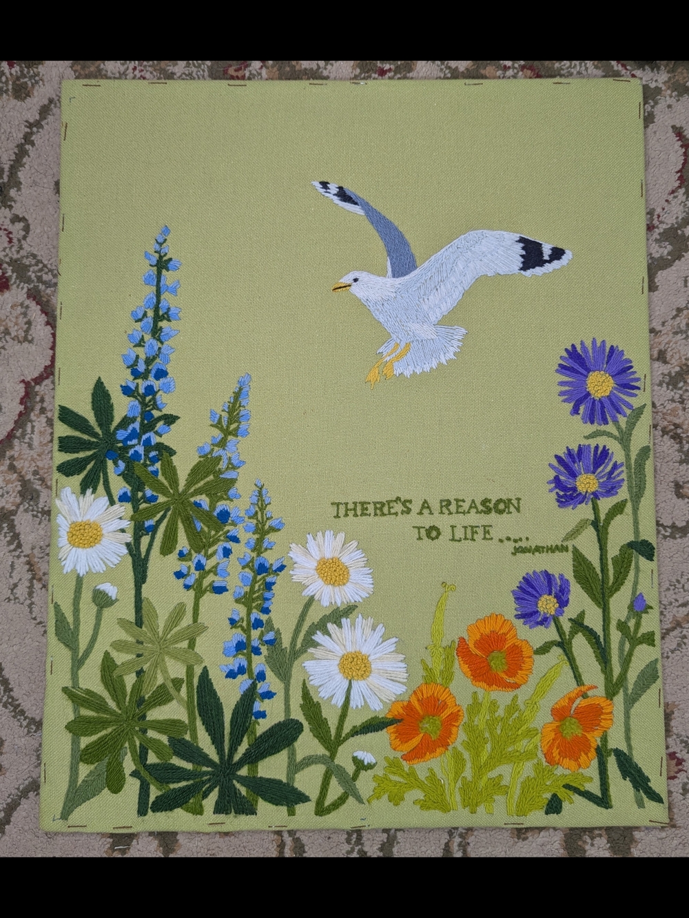 Vtg 1970s Crewel Embroidery Art Jonathan Livingston Seagull Avocado Green